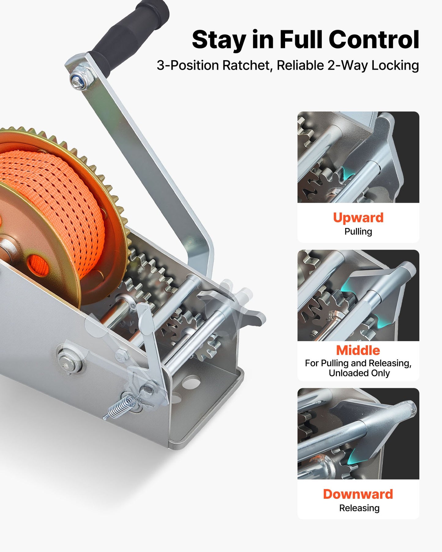 Boat Winch, 1588 kg Hand Winch, Heavy Duty Manual Rope Crank with 6.1m Orange Polyester Strap, Portable Two-Way Ratchet, 2 Speed Switchable, Anti-Slip Handle Gear for Boat Trailer ATV Towing