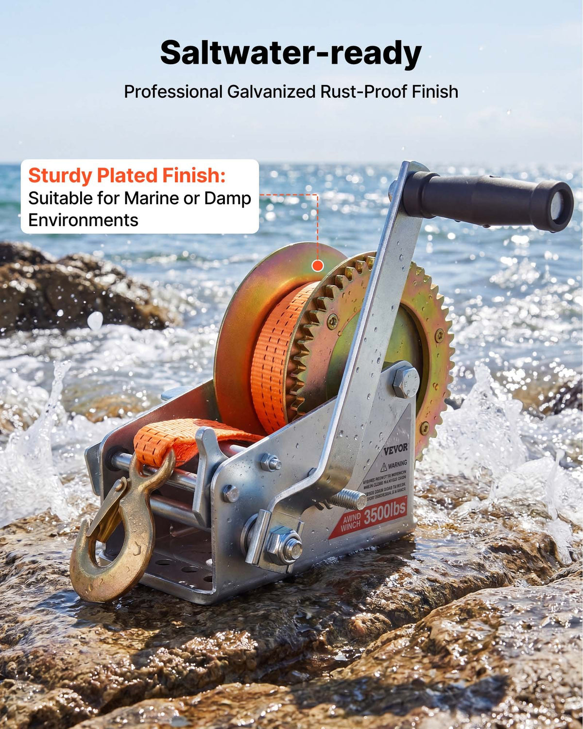 Boat Winch, 1588 kg Hand Winch, Heavy Duty Manual Rope Crank with 6.1m Orange Polyester Strap, Portable Two-Way Ratchet, 2 Speed Switchable, Anti-Slip Handle Gear for Boat Trailer ATV Towing