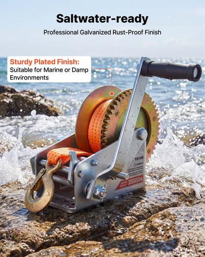 Boat Winch, 1588 kg Hand Winch, Heavy Duty Manual Rope Crank with 6.1m Orange Polyester Strap, Portable Two-Way Ratchet, 2 Speed Switchable, Anti-Slip Handle Gear for Boat Trailer ATV Towing