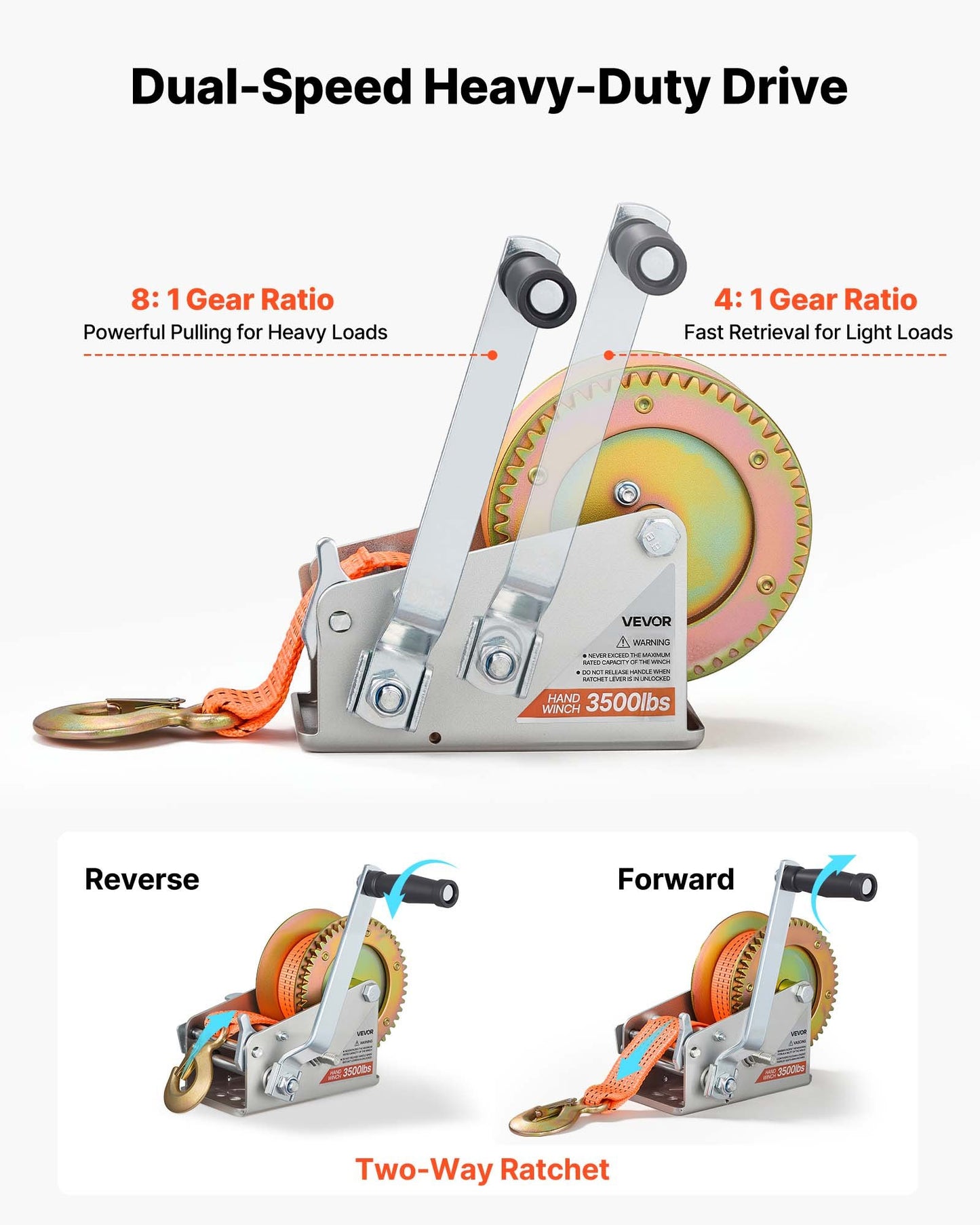Boat Winch, 1588 kg Hand Winch, Heavy Duty Manual Rope Crank with 6.1m Orange Polyester Strap, Portable Two-Way Ratchet, 2 Speed Switchable, Anti-Slip Handle Gear for Boat Trailer ATV Towing