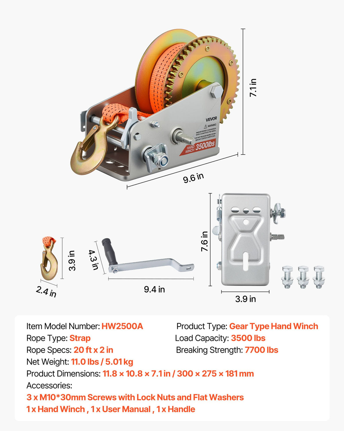 Boat Winch, 1588 kg Hand Winch, Heavy Duty Manual Rope Crank with 6.1m Orange Polyester Strap, Portable Two-Way Ratchet, 2 Speed Switchable, Anti-Slip Handle Gear for Boat Trailer ATV Towing