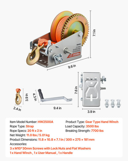 Boat Winch, 1588 kg Hand Winch, Heavy Duty Manual Rope Crank with 6.1m Orange Polyester Strap, Portable Two-Way Ratchet, 2 Speed Switchable, Anti-Slip Handle Gear for Boat Trailer ATV Towing