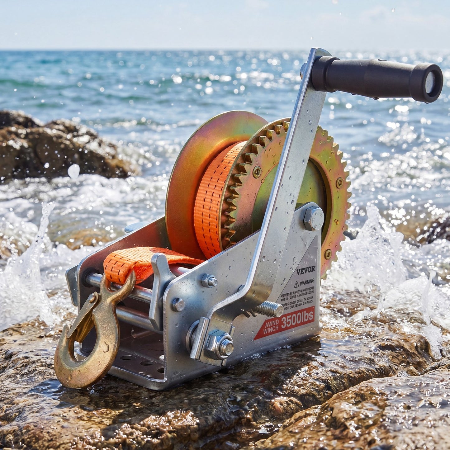 Boat Winch, 1588 kg Hand Winch, Heavy Duty Manual Rope Crank with 6.1m Orange Polyester Strap, Portable Two-Way Ratchet, 2 Speed Switchable, Anti-Slip Handle Gear for Boat Trailer ATV Towing