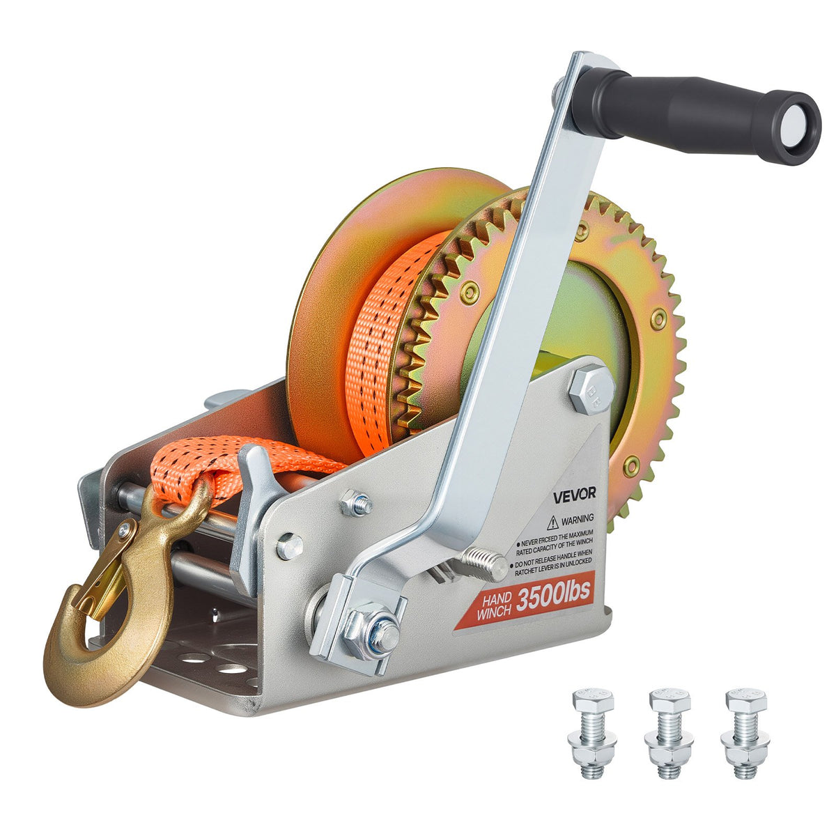 Boat Winch, 1588 kg Hand Winch, Heavy Duty Manual Rope Crank with 6.1m Orange Polyester Strap, Portable Two-Way Ratchet, 2 Speed Switchable, Anti-Slip Handle Gear for Boat Trailer ATV Towing