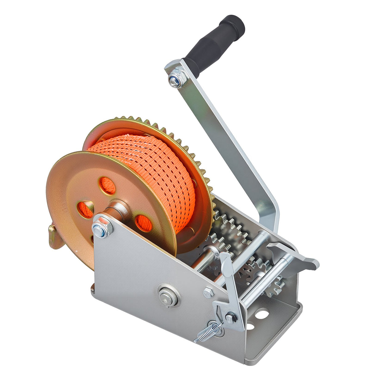 Boat Winch, 1588 kg Hand Winch, Heavy Duty Manual Rope Crank with 6.1m Orange Polyester Strap, Portable Two-Way Ratchet, 2 Speed Switchable, Anti-Slip Handle Gear for Boat Trailer ATV Towing