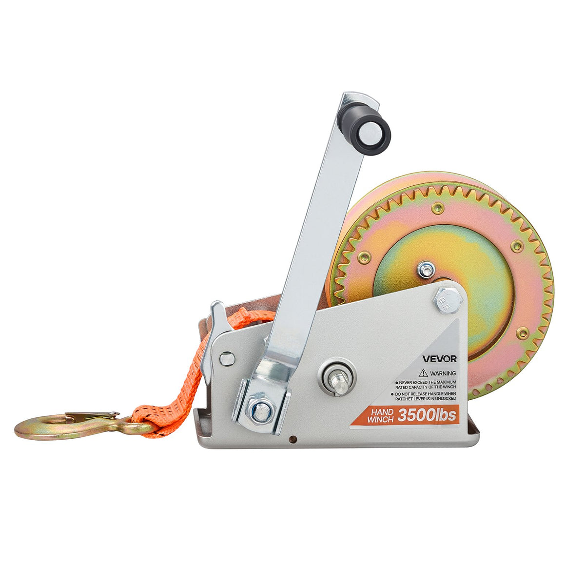 Boat Winch, 1588 kg Hand Winch, Heavy Duty Manual Rope Crank with 6.1m Orange Polyester Strap, Portable Two-Way Ratchet, 2 Speed Switchable, Anti-Slip Handle Gear for Boat Trailer ATV Towing