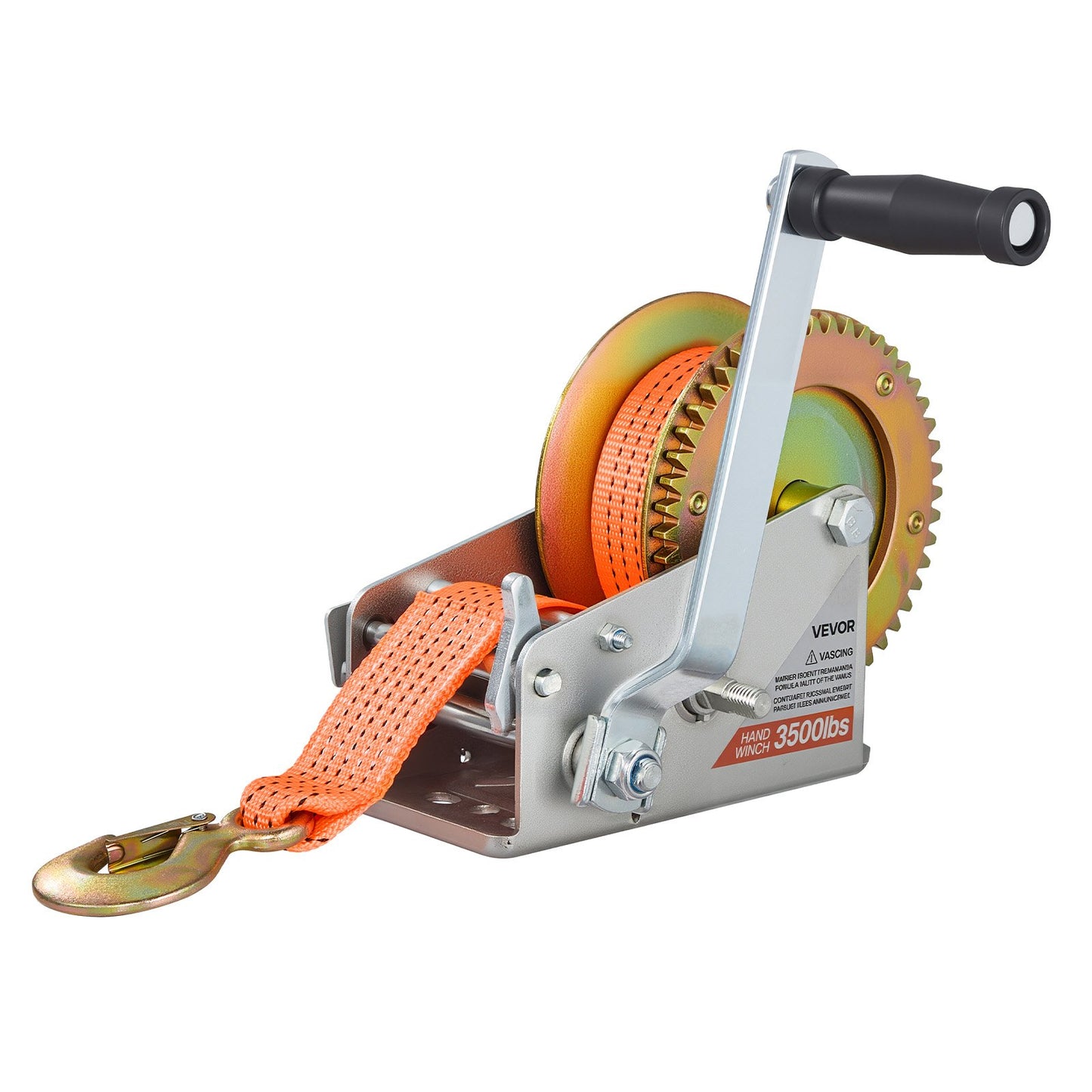Boat Winch, 1588 kg Hand Winch, Heavy Duty Manual Rope Crank with 6.1m Orange Polyester Strap, Portable Two-Way Ratchet, 2 Speed Switchable, Anti-Slip Handle Gear for Boat Trailer ATV Towing