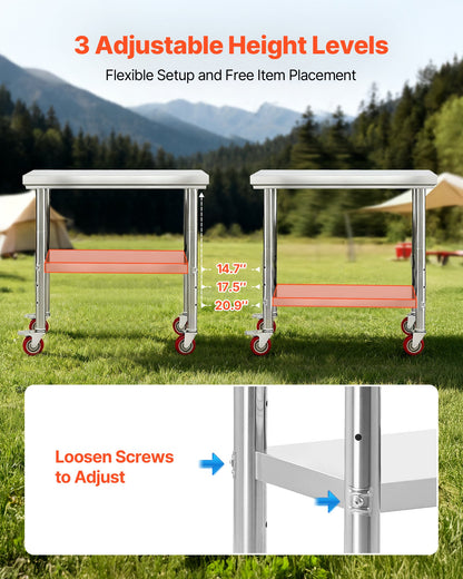 Stainless Steel Table, 60 x 90 cm Food Prep Worktable with Wheels, Kitchen Prep Table with Adjustable Undershelf Workstations for Commercial Kitchen, Restaurant, Hotel and Garage, Outdoor