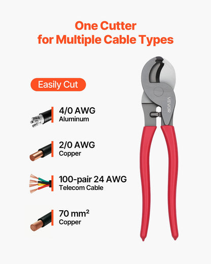 High Leverage Cable Cutter, 235 mm Compact, Forged Blades and PVC-Coated Handles, Heavy Duty Cable Cutting Pliers Tool for 4/0 AWG Aluminum, 2/0 AWG Soft Copper and 100-Pair 24AWG Comm Cable