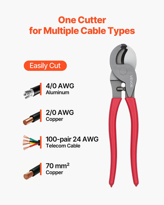 High Leverage Cable Cutter, 235 mm Compact, Forged Blades and PVC-Coated Handles, Heavy Duty Cable Cutting Pliers Tool for 4/0 AWG Aluminum, 2/0 AWG Soft Copper and 100-Pair 24AWG Comm Cable
