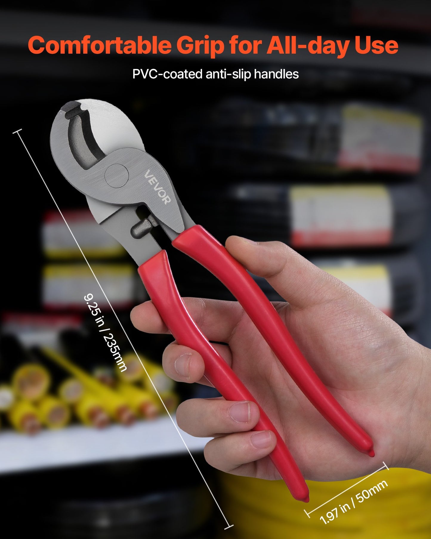 High Leverage Cable Cutter, 235 mm Compact, Forged Blades and PVC-Coated Handles, Heavy Duty Cable Cutting Pliers Tool for 4/0 AWG Aluminum, 2/0 AWG Soft Copper and 100-Pair 24AWG Comm Cable