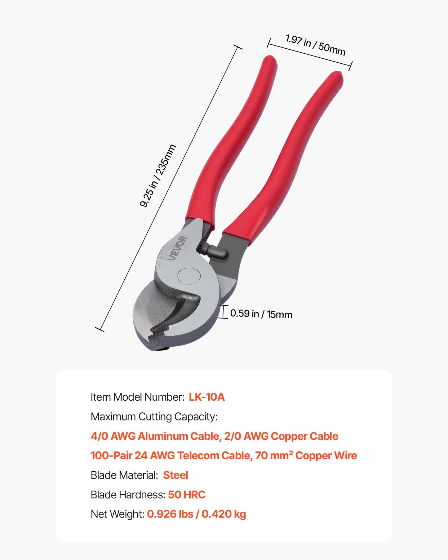 High Leverage Cable Cutter, 235 mm Compact, Forged Blades and PVC-Coated Handles, Heavy Duty Cable Cutting Pliers Tool for 4/0 AWG Aluminum, 2/0 AWG Soft Copper and 100-Pair 24AWG Comm Cable