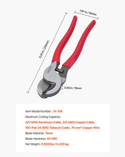 High Leverage Cable Cutter, 235 mm Compact, Forged Blades and PVC-Coated Handles, Heavy Duty Cable Cutting Pliers Tool for 4/0 AWG Aluminum, 2/0 AWG Soft Copper and 100-Pair 24AWG Comm Cable