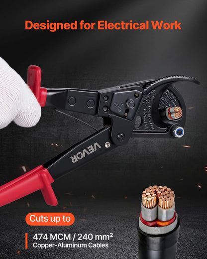 Ratcheting Cable Cutter, Spring Steel Blades with PVC-Coated Handles, Quick-Release Button, Heavy Duty Ratchet Cable Wire Cutter for Cutting Copper & Aluminum Cables Up to 474 MCM / 240 mm²