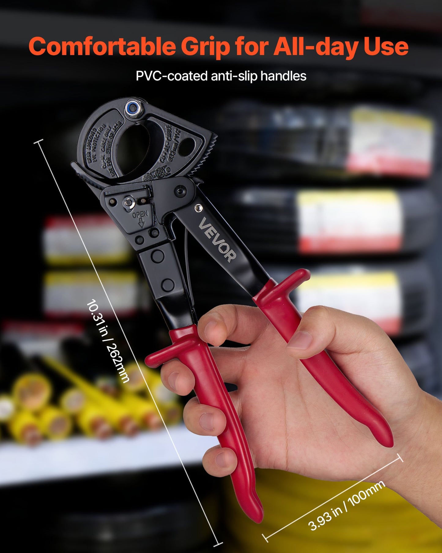 Ratcheting Cable Cutter, Spring Steel Blades with PVC-Coated Handles, Quick-Release Button, Heavy Duty Ratchet Cable Wire Cutter for Cutting Copper & Aluminum Cables Up to 474 MCM / 240 mm²