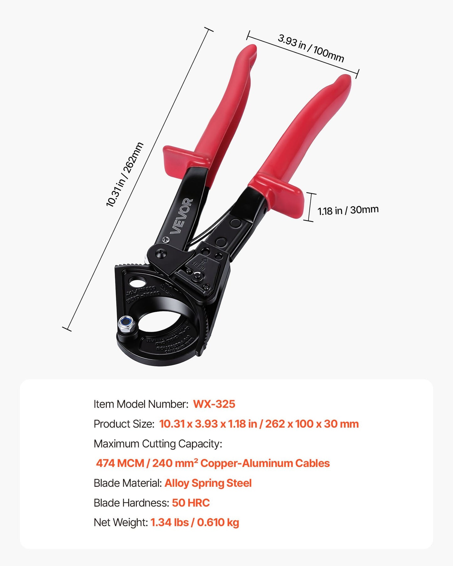 Ratcheting Cable Cutter, Spring Steel Blades with PVC-Coated Handles, Quick-Release Button, Heavy Duty Ratchet Cable Wire Cutter for Cutting Copper & Aluminum Cables Up to 474 MCM / 240 mm²