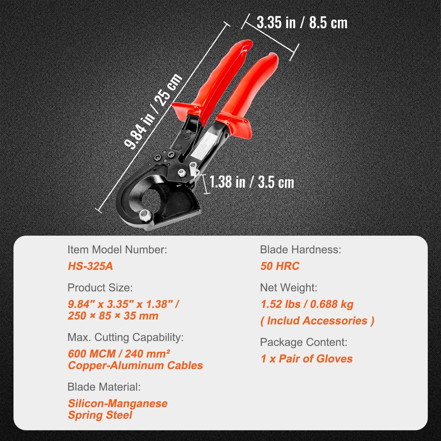 VEVOR Ratcheting Cable Cutter, 250mm Ratchet Wire and Cable Cutter, Cut up to 240