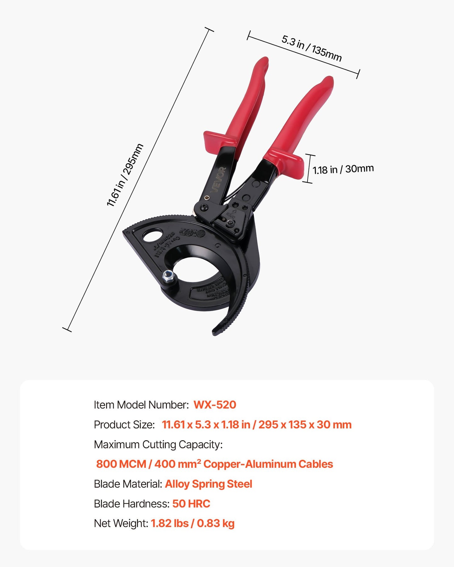 Ratcheting Cable Cutter, Spring Steel Blades with Insulated Handles, Quick-Release Button, Heavy Duty Ratchet Cable Wire Cutter for Cutting Copper & Aluminum Cables Up to 800 MCM / 400 mm²