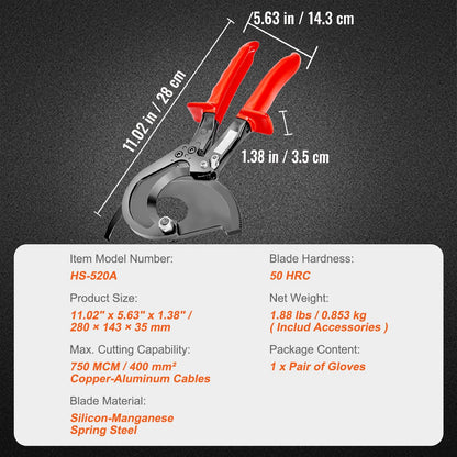 Ratcheting Cable Cutter, 0.28m Wire Cutter with 400mm Capacity, Ergonomic Design