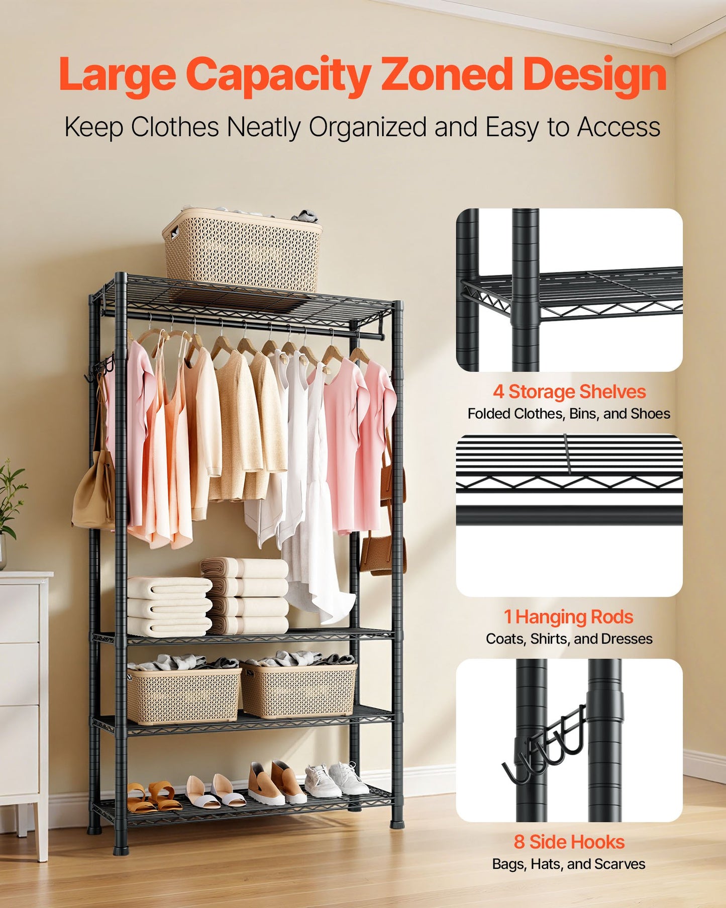 Clothing Garment Rack, Heavy Duty Clothing Garment Rack, 4 Adjustable Tiers Clothing Racks with Carbon Steel, 227 kg Load Capacity Closet Wardrobe for Bedroom, Clothing Store, Hallway