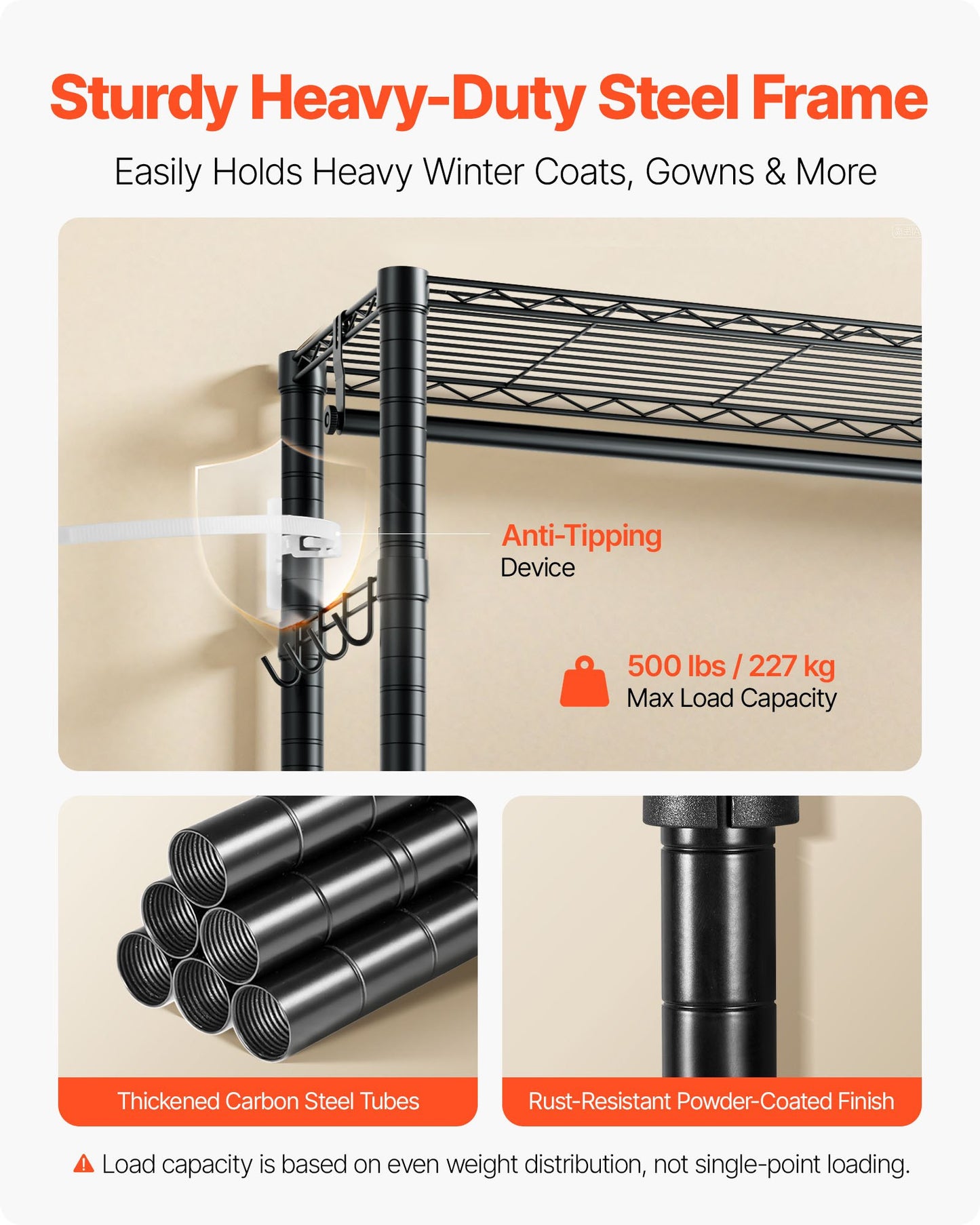 Clothing Garment Rack, Heavy Duty Clothing Garment Rack, 4 Adjustable Tiers Clothing Racks with Carbon Steel, 227 kg Load Capacity Closet Wardrobe for Bedroom, Clothing Store, Hallway