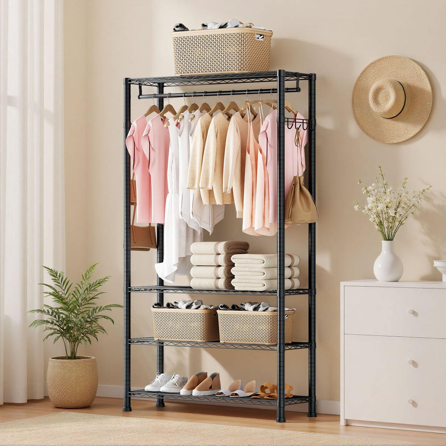 Clothing Garment Rack, Heavy Duty Clothing Garment Rack, 4 Adjustable Tiers Clothing Racks with Carbon Steel, 227 kg Load Capacity Closet Wardrobe for Bedroom, Clothing Store, Hallway