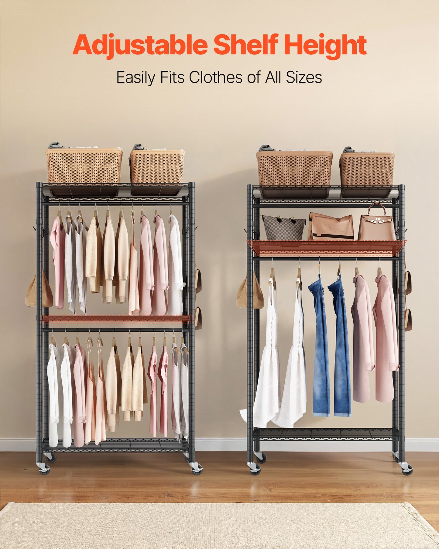Rolling Clothes Rack, Heavy Duty Clothing Garment Rack, 3 Adjustable Tiers Clothing Racks with Carbon Steel, 204 kg Load Capacity Closet Wardrobe for Bedroom, Clothing Store, Hallway