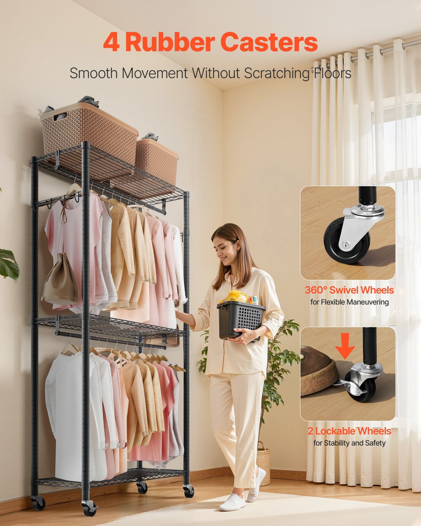 Rolling Clothes Rack, Heavy Duty Clothing Garment Rack, 3 Adjustable Tiers Clothing Racks with Carbon Steel, 204 kg Load Capacity Closet Wardrobe for Bedroom, Clothing Store, Hallway