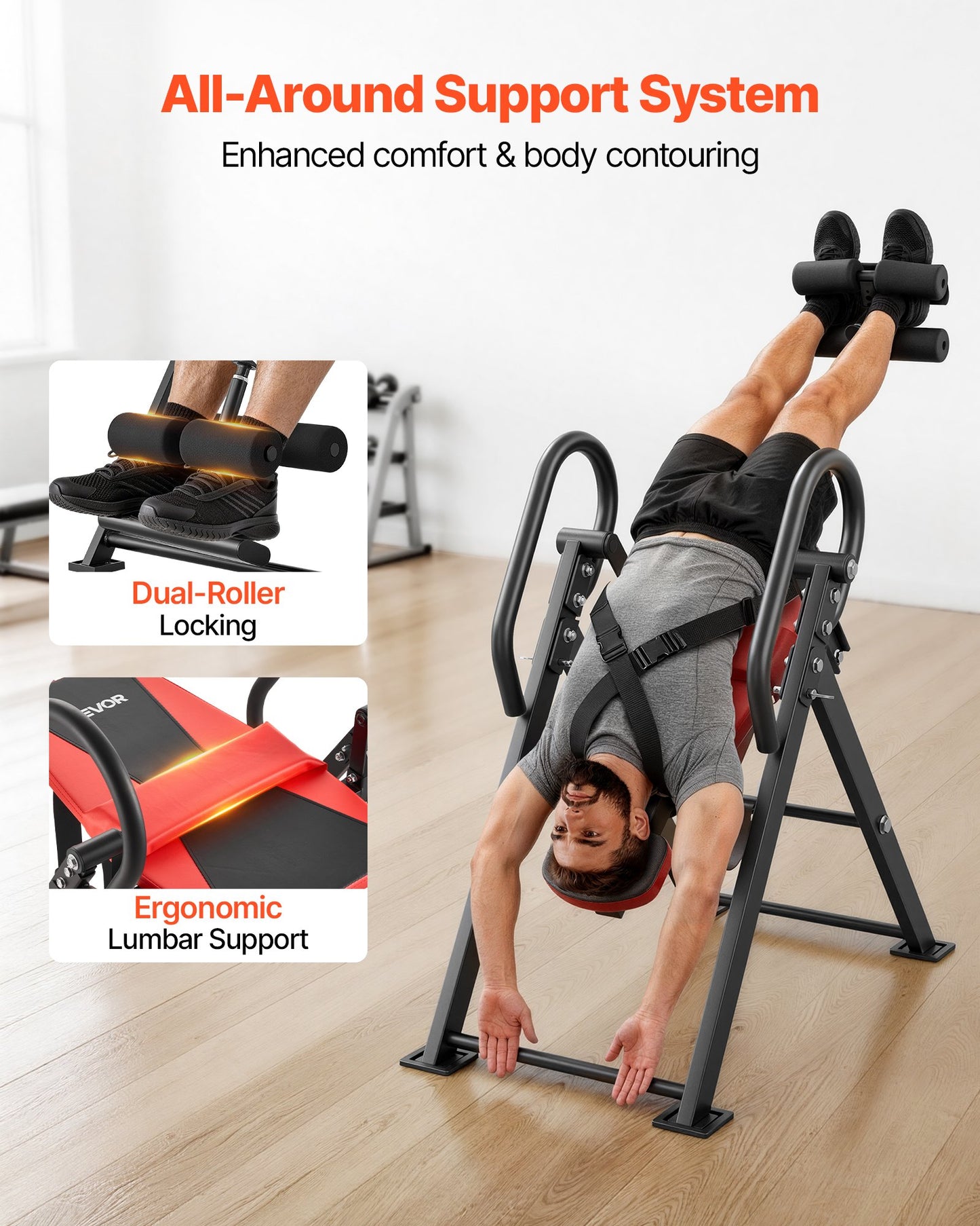 Inversion Table, 136 kg Capacity Heavy Duty Inverted Table, Back Inverter Stretcher with Dual-Roller Locking, Decompression Tables for Shoulders, Neck, Back, Multi-Angle Adjustable Tether Strap