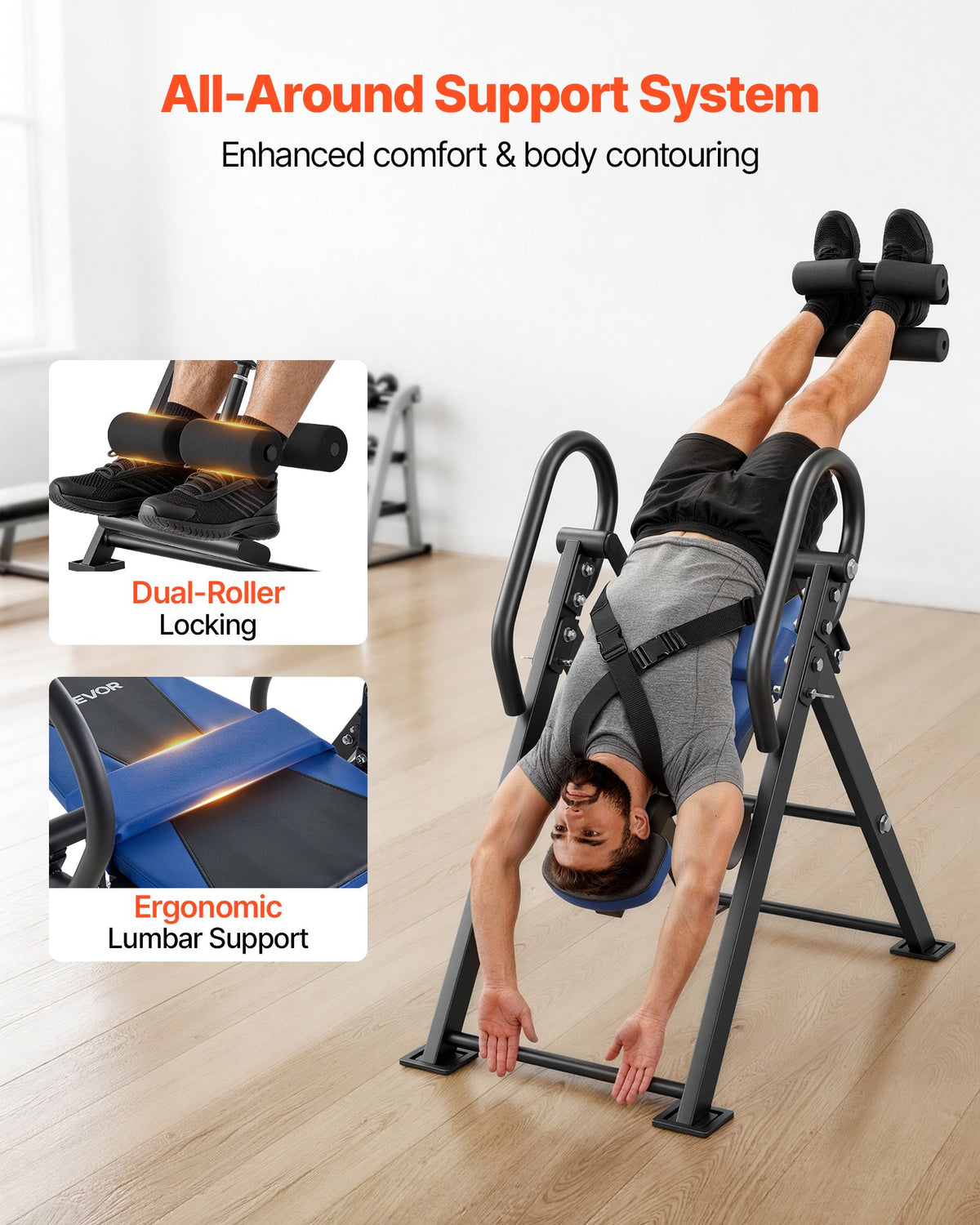 Inversion Table, 136 kg Capacity Heavy Duty Back Inverter Stretcher, Inverted Table with Dual-Roller Locking, Decompression Tables for Shoulders, Neck, Back, Multi-Angle Adjustable Tether Strap