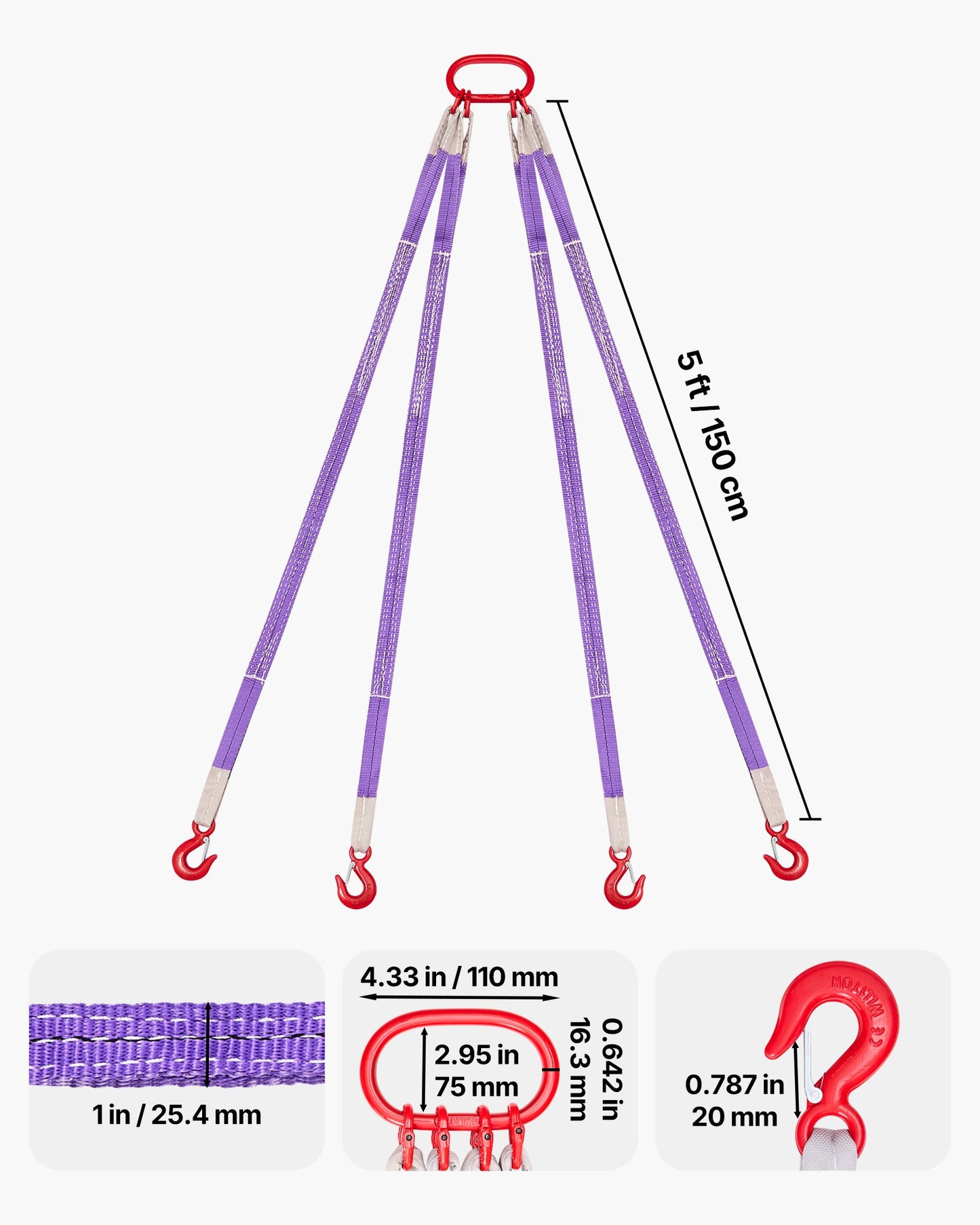 Lifting Sling Straps, Four Leg Polyester Bridle Sling with Hooks, 3 Ton Capacity, 5Ft Heavy Duty Rigging Strap, Thickened & Wear-Resistant Webbing Slings for Engines Cranes Hoists Truck