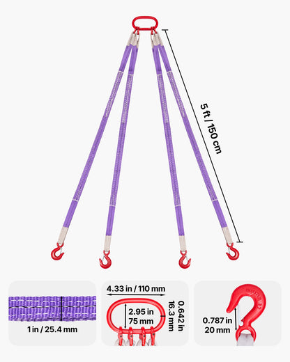 Lifting Sling Straps, Four Leg Polyester Bridle Sling with Hooks, 3 Ton Capacity, 5Ft Heavy Duty Rigging Strap, Thickened & Wear-Resistant Webbing Slings for Engines Cranes Hoists Truck