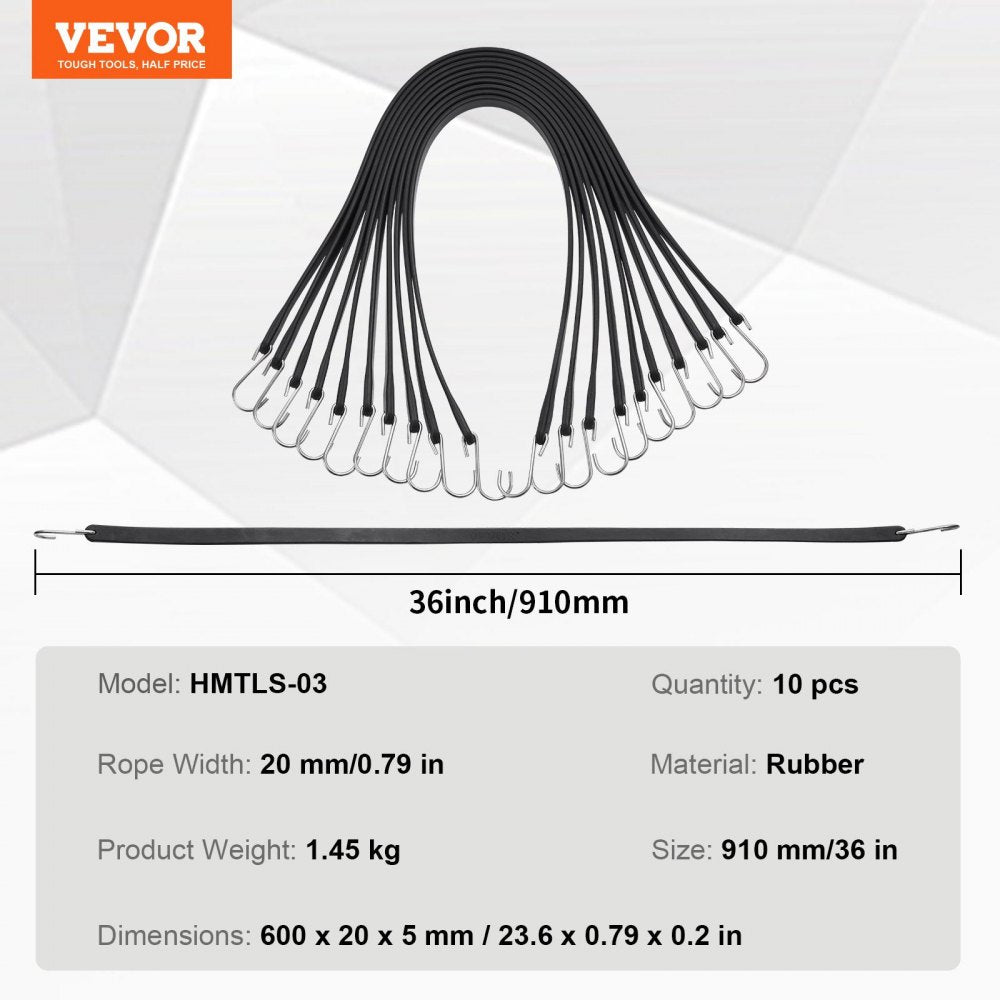 10 Piece Flat Bungee Cord, 20 mm Heavy Duty Bungee Straps with Steel S-Hooks, 36" Elastic Bungee Rope for Cargo, Tarps, 