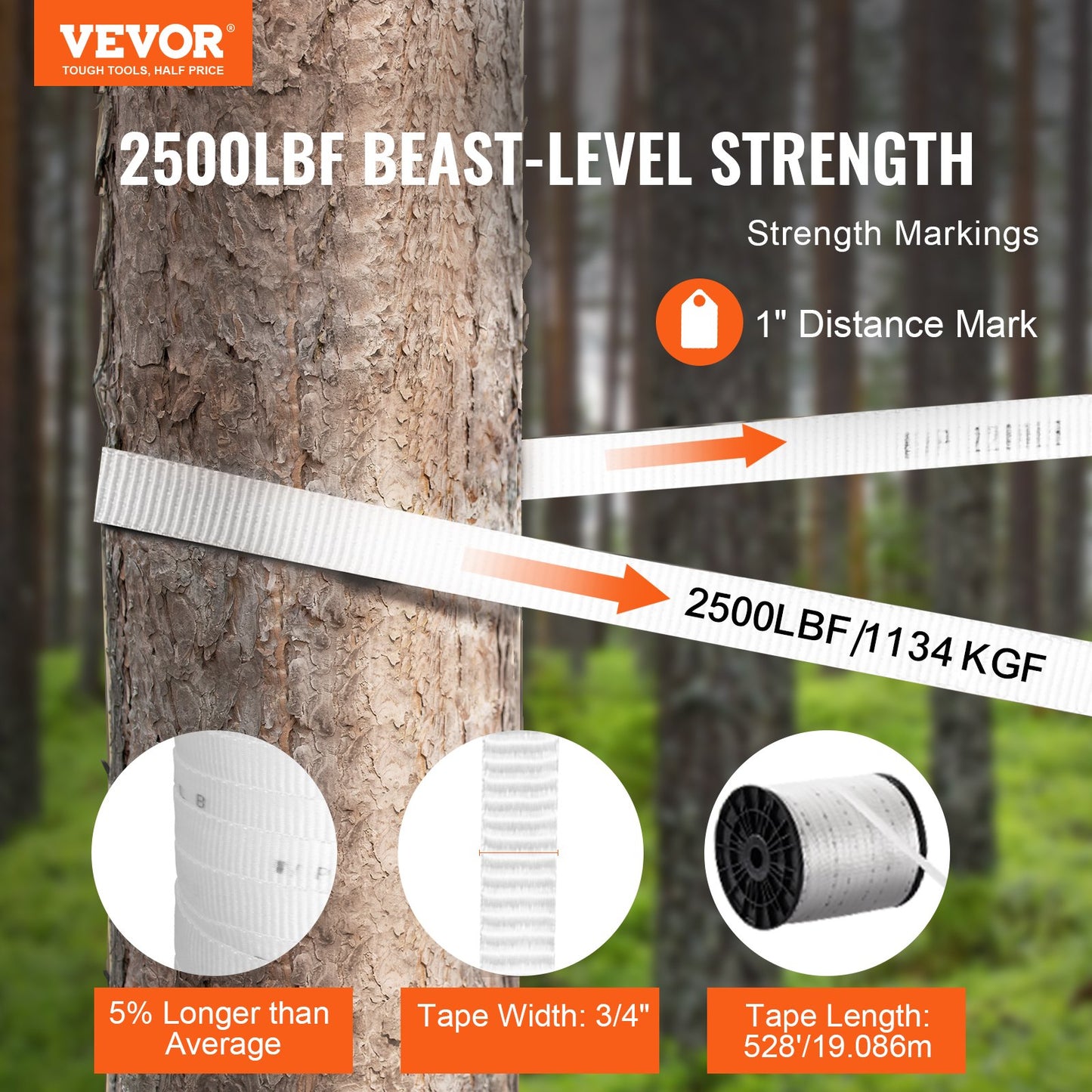 VEVOR Polyester Pull Tape, 1.9 cm x 160.9 m Mule Tape Flat Rope, 1134 kgf Tensile