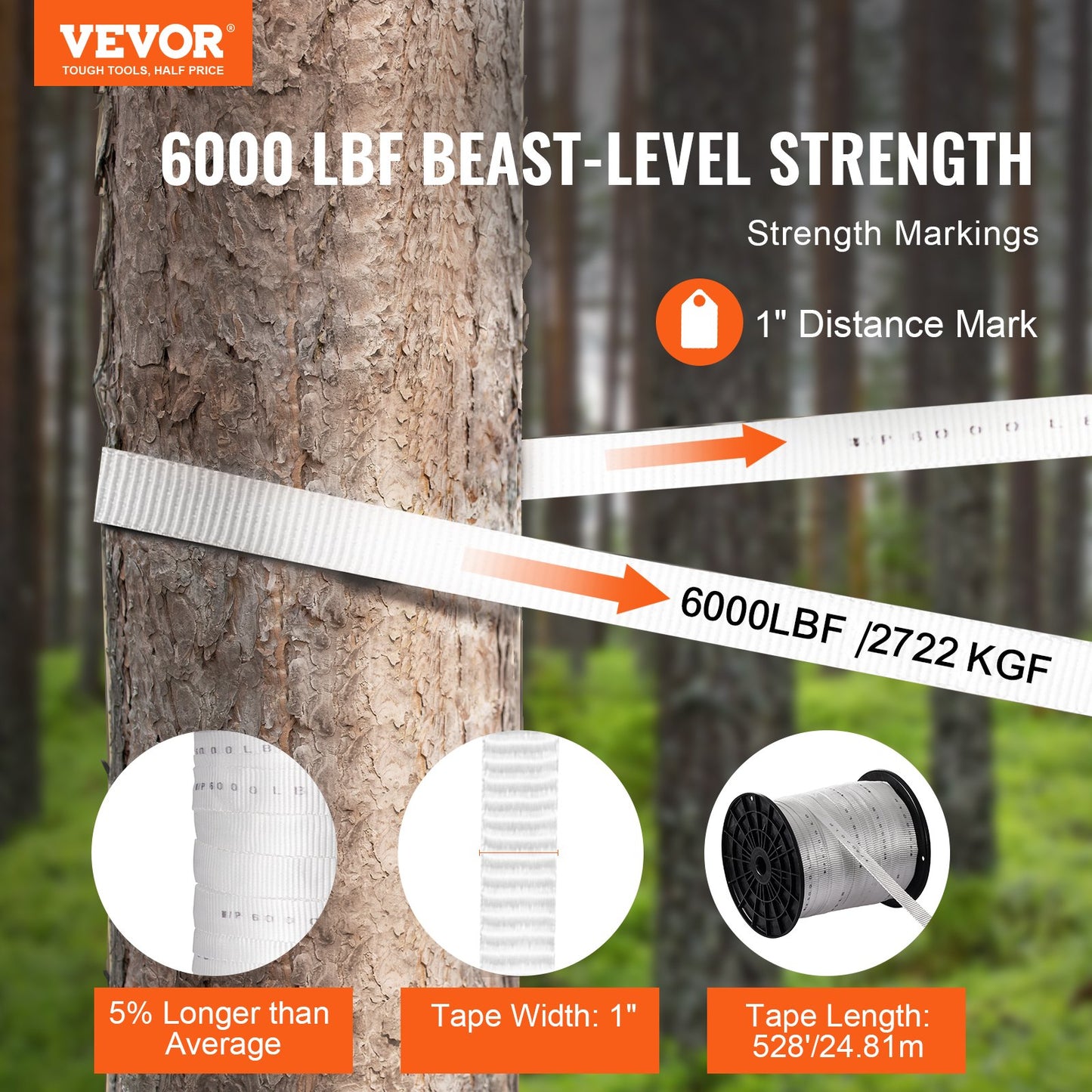 VEVOR Polyester Pull Tape, 2.5 cm x 160.9 m Mule Tape Flat Rope, 2722 kgf Tensile