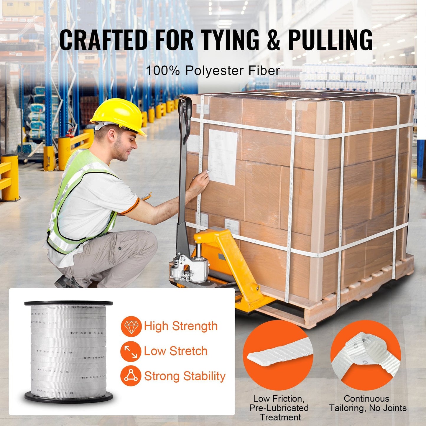 Durable Polyester Pull Tape, 2.5 cm x 160.9 m, 2722 kgf Strength, White