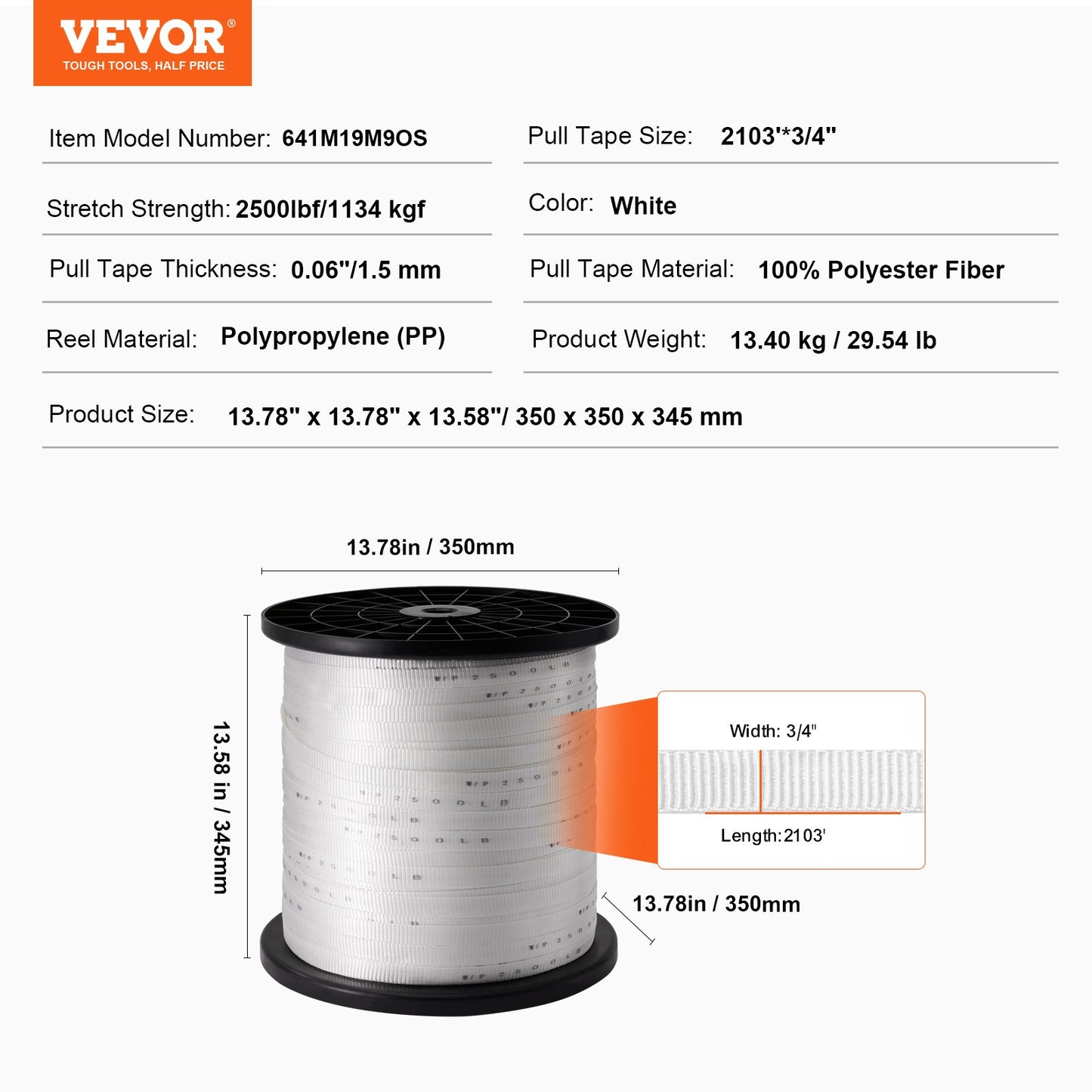 VEVOR Polyester Pull Tape, 1.9 cm x 641 m Mule Tape Flat Rope, 1134 kgf Tensile