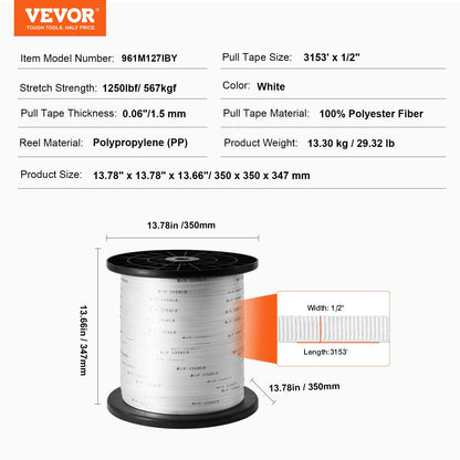 VEVOR Polyester Pull Tape, 1.3 cm x 961 m Mule Tape Flat Rope, 567 kgf Tensile Capacity,