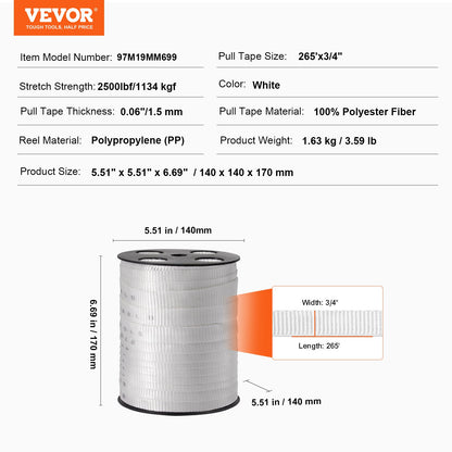 VEVOR Polyester Pulling Tape Mule Tape 1.9 cm x 80.8 m 1134 kgf Tensile Capacity