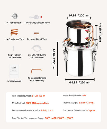 3 Gal Alcohol Distiller Kit, Stainless Steel with Copper Coil Cooling - 11.4 L