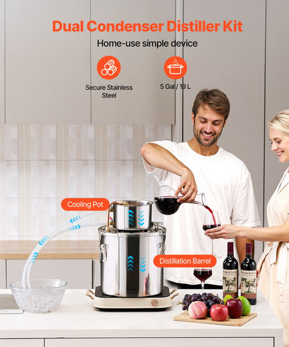 5 Gal Stainless Steel Alcohol Distiller Kit with Copper Coil Cooling System