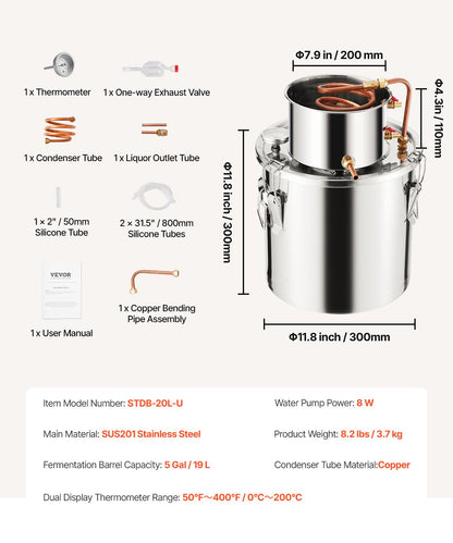 5 Gal Stainless Steel Alcohol Distiller Kit with Copper Coil Cooling System