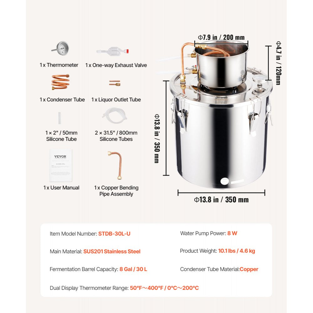 VEVOR Moonshine Still 8 Gal Water Alcohol Distiller Brewing Kit Stainless Steel