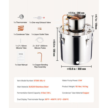 VEVOR Moonshine Still 8 Gal Water Alcohol Distiller Brewing Kit Stainless Steel