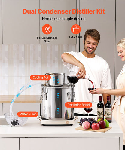 8 Gal (30L) Home Distillation Kit - Stainless Steel Alcohol and Water Distiller