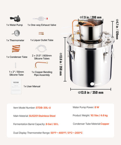 VEVOR Moonshine Still 8 Gal Water Alcohol Distiller Brewing Kit Stainless Steel