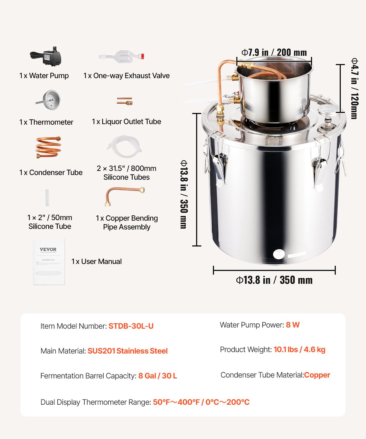 8 Gal (30L) Home Distillation Kit - Stainless Steel Alcohol and Water Distiller