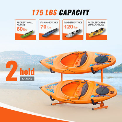 VEVOR Freestanding Kayak Storage Rack, Kayak Stand for 2 Kayak Canoe Paddleboard,