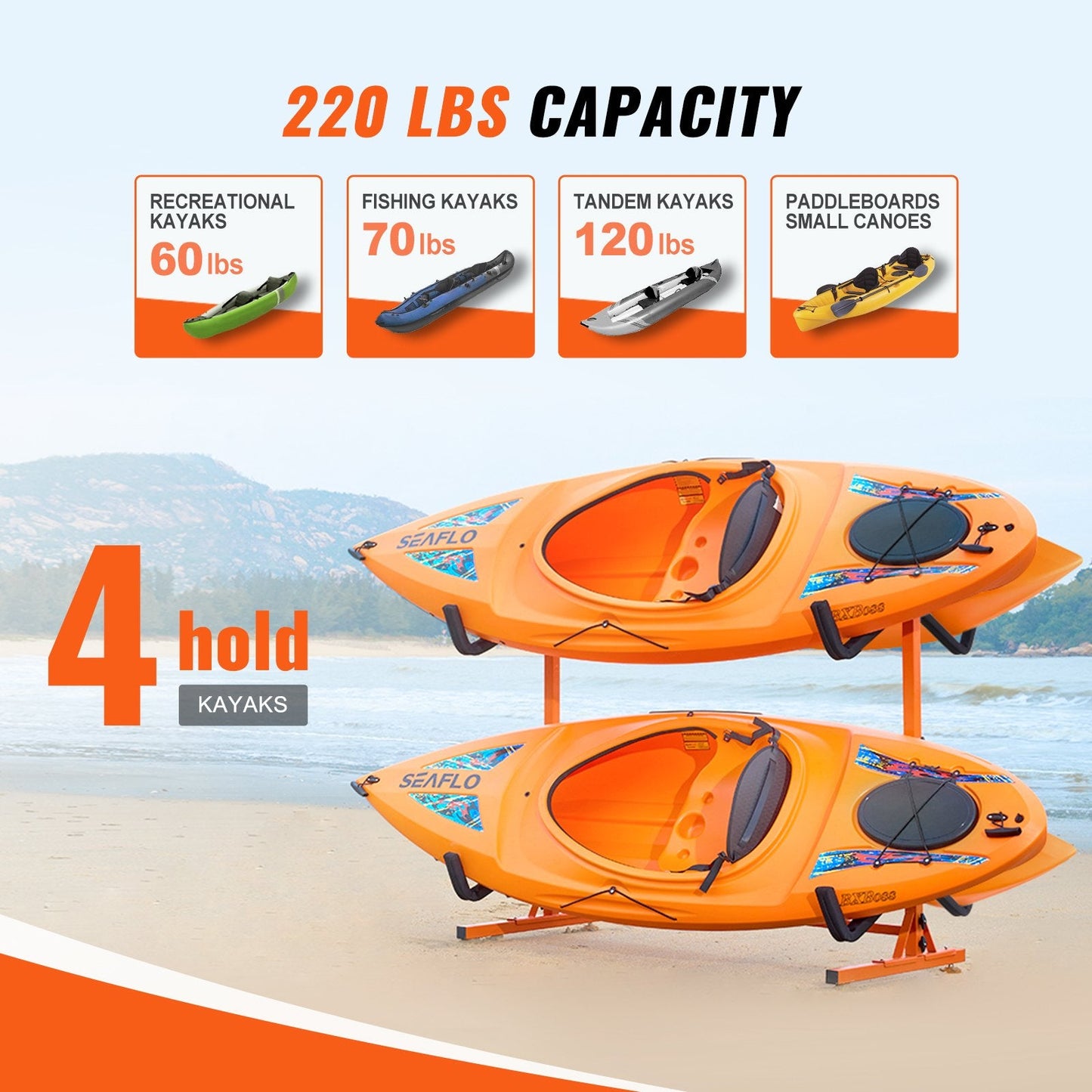 Freestanding Kayak Storage Rack for 4 Kayaks, Adjustable Steel Stand, 100 kg Load