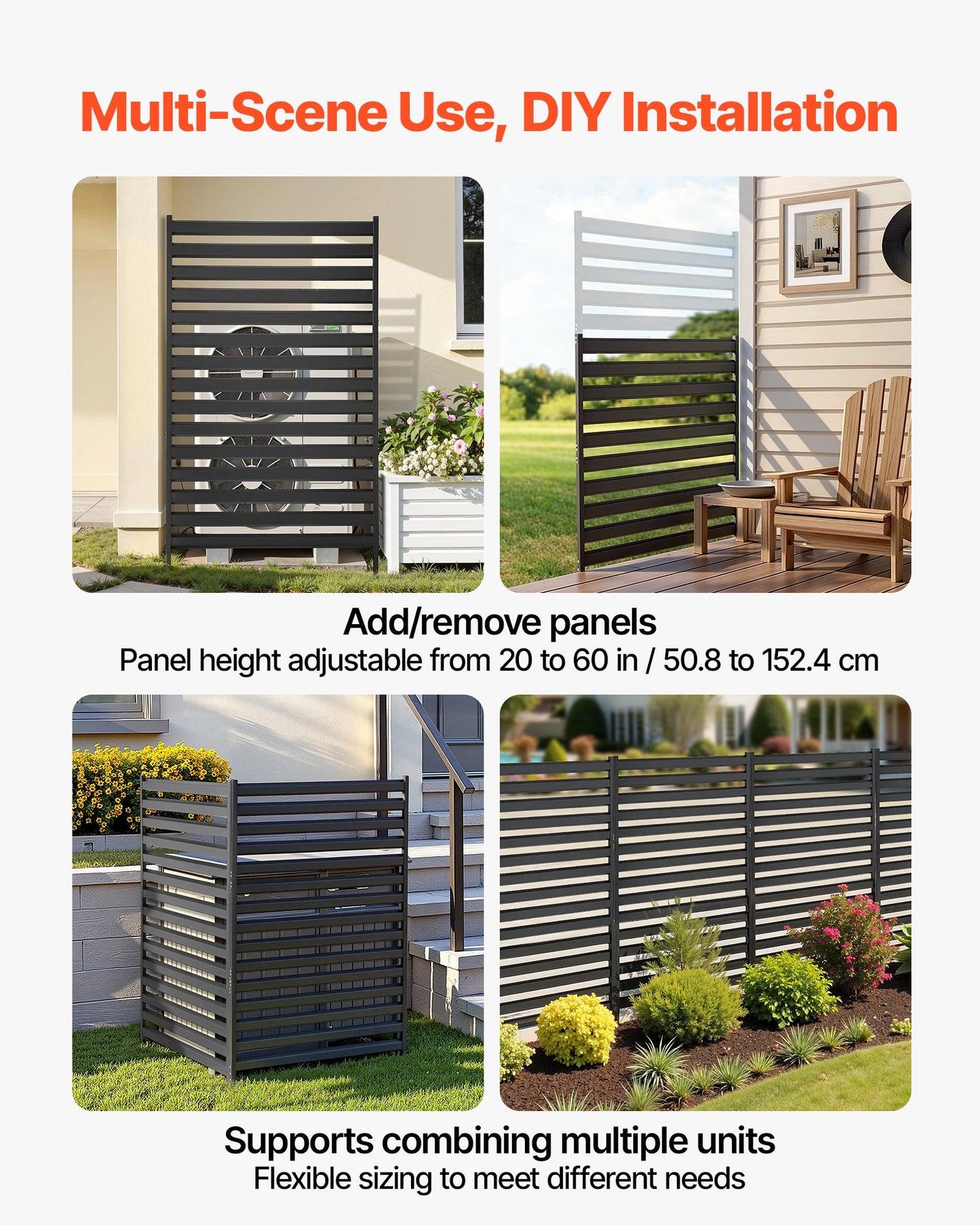 Metal Privacy Screen, 96 x 152.4cm Freestanding Modern Privacy Fence, Garden Divider Panel with Extended Ground Stakes & Panel Height Adjustable, Freestanding Outdoor Divider for Garden, Indoor